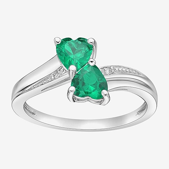 Womens Diamond Accent Lab Created Green Emerald Sterling Silver Side Stone Cocktail Ring