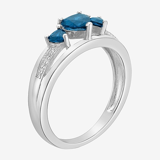 Womens Diamond Accent Lab Created Blue Sapphire Sterling Silver 3-Stone Side Stone Cocktail Ring