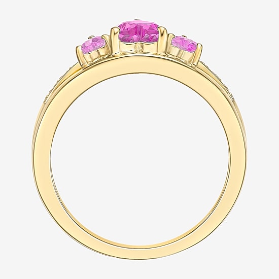 Womens Diamond Accent Lab Created Pink Sapphire 18K Gold Over Silver 3-Stone Side Stone Cocktail Ring