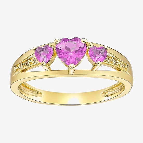 Womens Diamond Accent Lab Created Pink Sapphire 18K Gold Over Silver 3-Stone Side Stone Cocktail Ring
