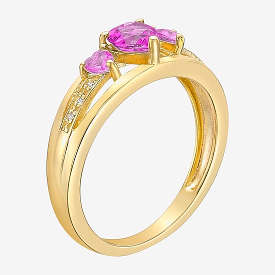 Womens Diamond Accent Lab Created Pink Sapphire 18K Gold Over Silver 3-Stone Side Stone Cocktail Ring