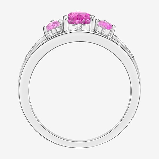 Womens Diamond Accent Lab Created Pink Sapphire Sterling Silver 3-Stone Side Stone Cocktail Ring