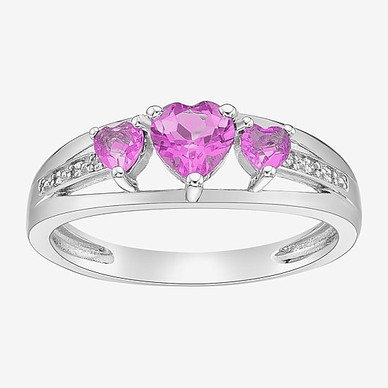 Womens Diamond Accent Lab Created Pink Sapphire Sterling Silver 3-Stone Side Stone Cocktail Ring