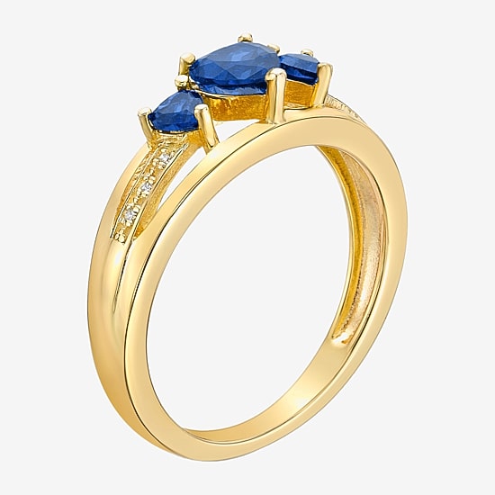 Womens Diamond Accent Lab Created Blue Sapphire 18K Gold Over Silver 3-Stone Side Stone Cocktail Ring