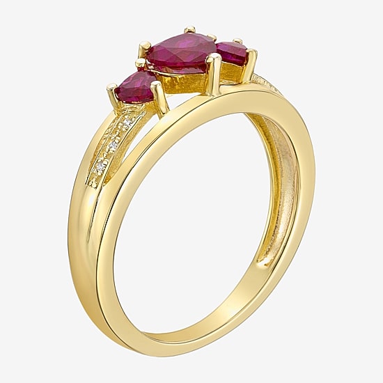 Womens Diamond Accent Lab Created Red Ruby 18K Gold Over Silver 3-Stone Side Stone Cocktail Ring
