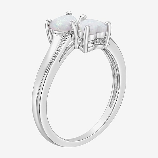 Womens Diamond Accent Lab Created White Opal Sterling Silver Side Stone Cocktail Ring