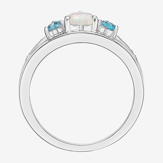 Womens Diamond Accent Lab Created White Opal Sterling Silver 3-Stone Side Stone Cocktail Ring