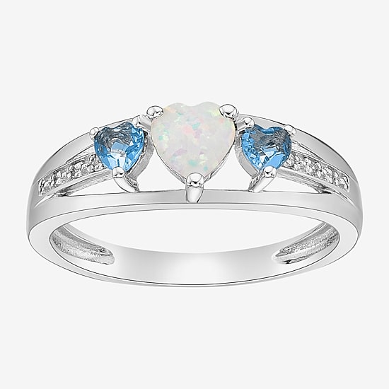 Womens Diamond Accent Lab Created White Opal Sterling Silver 3-Stone Side Stone Cocktail Ring