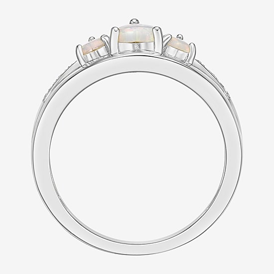 Womens Diamond Accent Lab Created White Opal Sterling Silver 3-Stone Side Stone Cocktail Ring