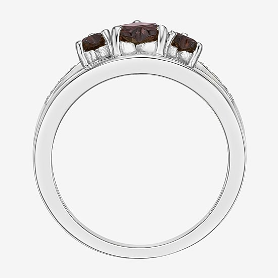 Womens Diamond Accent Genuine Red Garnet Sterling Silver 3-Stone Side Stone Cocktail Ring