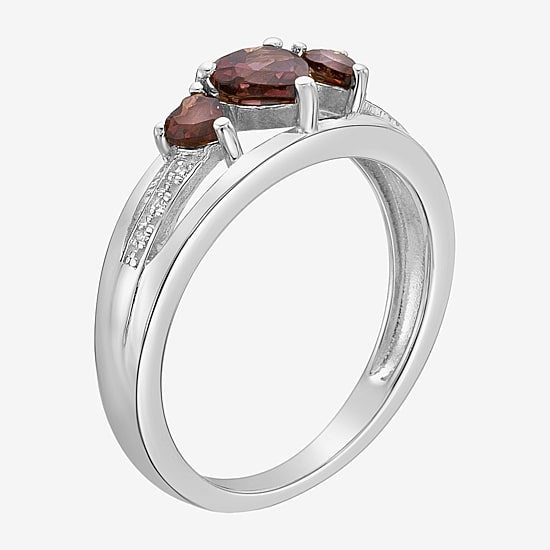 Womens Diamond Accent Genuine Red Garnet Sterling Silver 3-Stone Side Stone Cocktail Ring