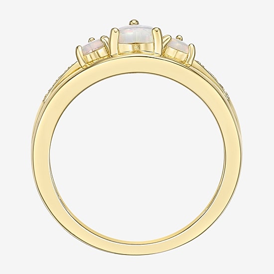 Womens Diamond Accent Lab Created White Opal 18K Gold Over Silver 3-Stone Side Stone Cocktail Ring
