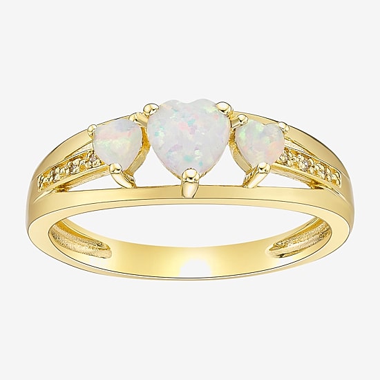 Womens Diamond Accent Lab Created White Opal 18K Gold Over Silver 3-Stone Side Stone Cocktail Ring