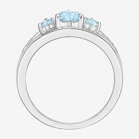 Womens Diamond Accent Lab Created Blue Aquamarine Sterling Silver 3-Stone Side Stone Cocktail Ring