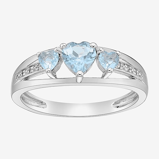 Womens Diamond Accent Lab Created Blue Aquamarine Sterling Silver 3-Stone Side Stone Cocktail Ring