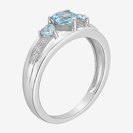 Womens Diamond Accent Lab Created Blue Aquamarine Sterling Silver 3-Stone Side Stone Cocktail Ring