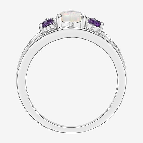 Womens Diamond Accent Lab Created White Opal Sterling Silver 3-Stone Side Stone Cocktail Ring