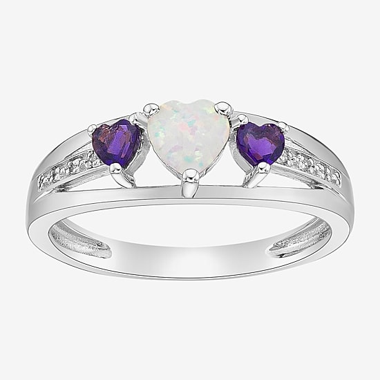 Womens Diamond Accent Lab Created White Opal Sterling Silver 3-Stone Side Stone Cocktail Ring