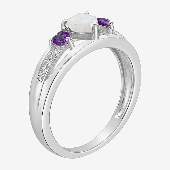 Womens Diamond Accent Lab Created White Opal Sterling Silver 3-Stone Side Stone Cocktail Ring