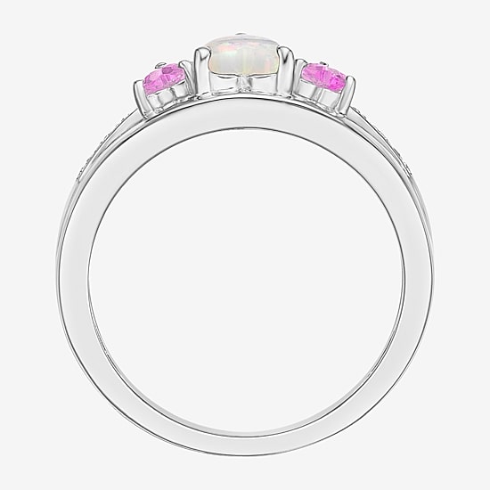 Womens Diamond Accent Lab Created White Opal Sterling Silver 3-Stone Side Stone Cocktail Ring