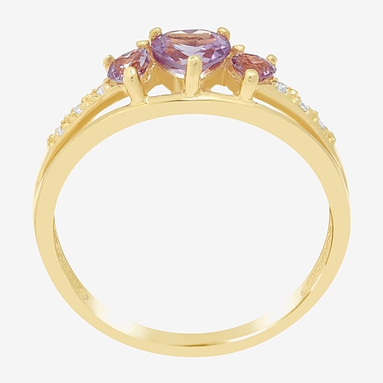 Womens Diamond Accent Lab Created Purple Alexandrite 18K Gold Over Silver 3-Stone Side Stone Cocktail Ring
