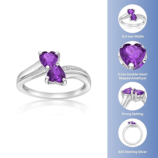 Womens Diamond Accent Genuine Purple Amethyst Sterling Silver Side Stone Cocktail Ring