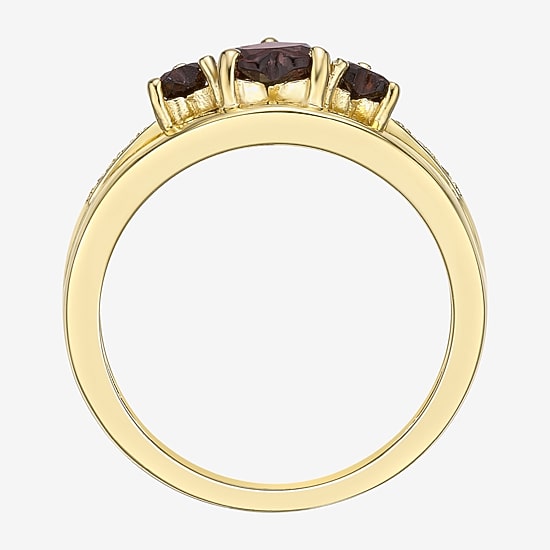 Womens Diamond Accent Genuine Red Garnet 18K Gold Over Silver 3-Stone Side Stone Cocktail Ring