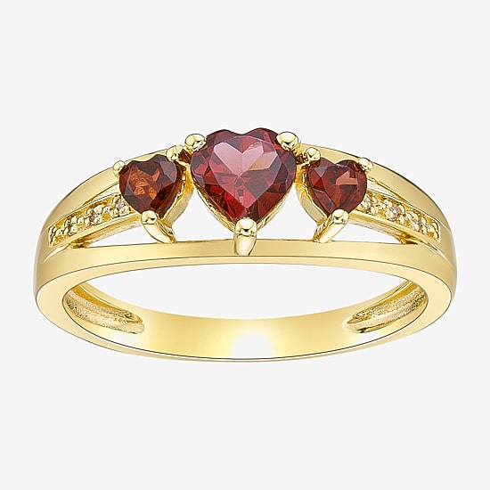 Womens Diamond Accent Genuine Red Garnet 18K Gold Over Silver 3-Stone Side Stone Cocktail Ring