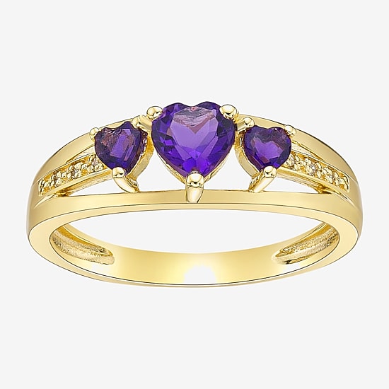 Womens Diamond Accent Genuine Purple Amethyst 18K Gold Over Silver 3-Stone Side Stone Cocktail Ring