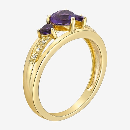 Womens Diamond Accent Genuine Purple Amethyst 18K Gold Over Silver 3-Stone Side Stone Cocktail Ring