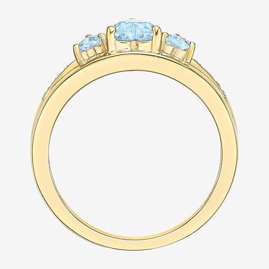 Womens Diamond Accent Lab Created Blue Aquamarine 18K Gold Over Silver 3-Stone Side Stone Cocktail Ring