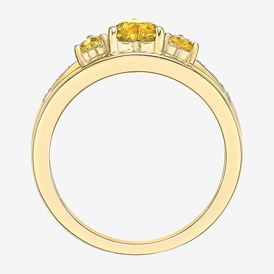 Womens Diamond Accent Genuine Yellow Citrine 18K Gold Over Silver 3-Stone Side Stone Cocktail Ring