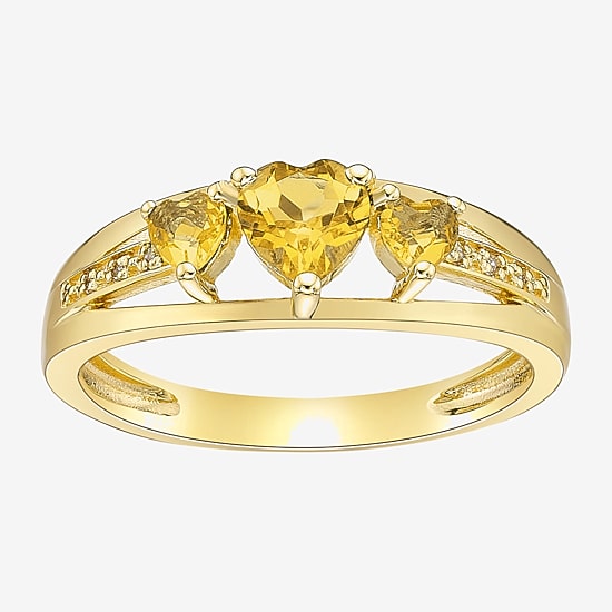 Womens Diamond Accent Genuine Yellow Citrine 18K Gold Over Silver 3-Stone Side Stone Cocktail Ring