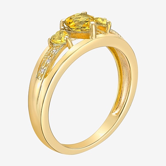 Womens Diamond Accent Genuine Yellow Citrine 18K Gold Over Silver 3-Stone Side Stone Cocktail Ring