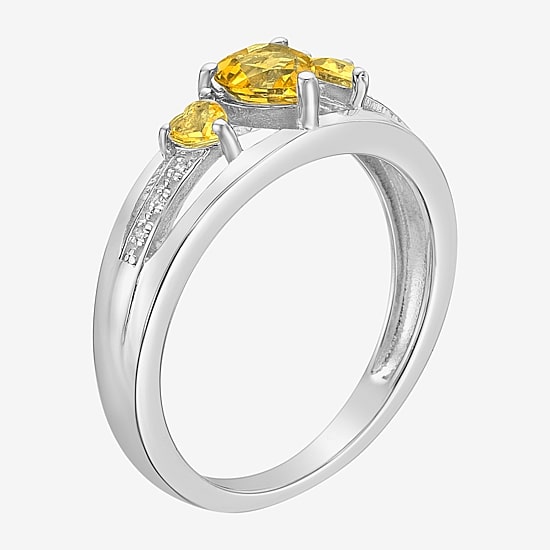 Womens Diamond Accent Genuine Yellow Citrine Sterling Silver 3-Stone Side Stone Cocktail Ring