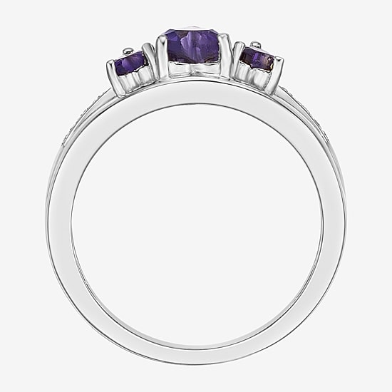 Womens Diamond Accent Genuine Purple Amethyst Sterling Silver 3-Stone Side Stone Cocktail Ring
