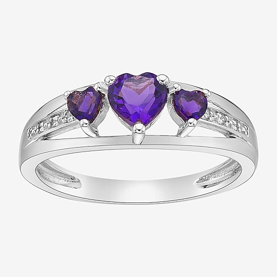 Womens Diamond Accent Genuine Purple Amethyst Sterling Silver 3-Stone Side Stone Cocktail Ring