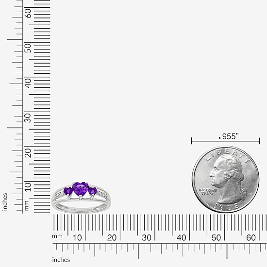 Womens Diamond Accent Genuine Purple Amethyst Sterling Silver 3-Stone Side Stone Cocktail Ring