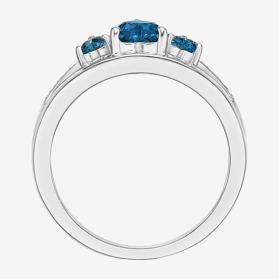 Womens Diamond Accent Genuine Blue Topaz Sterling Silver 3-Stone Side Stone Cocktail Ring