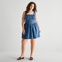 denim dress penneys Women's Indigo Cotton Denim Puff Sleeve Mini Dress