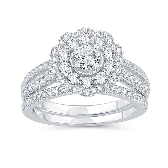 Womens 1 CT. T.W. Natural Diamond 10K Gold Round Side Stone Halo Bridal Set