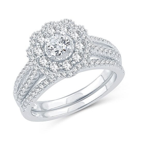 Womens 1 CT. T.W. Natural Diamond 10K Gold Round Side Stone Halo Bridal Set
