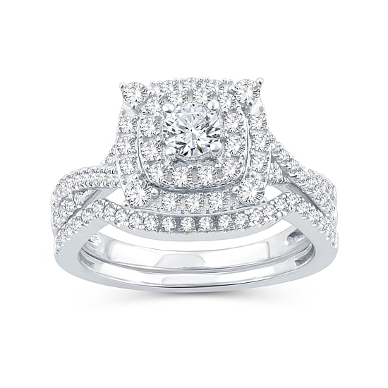 Womens 1 CT. T.W. Natural Diamond 10K Gold Cushion Side Stone Halo Bridal Set