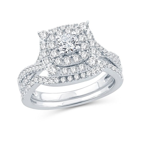 Womens 1 CT. T.W. Natural Diamond 10K Gold Cushion Side Stone Halo Bridal Set