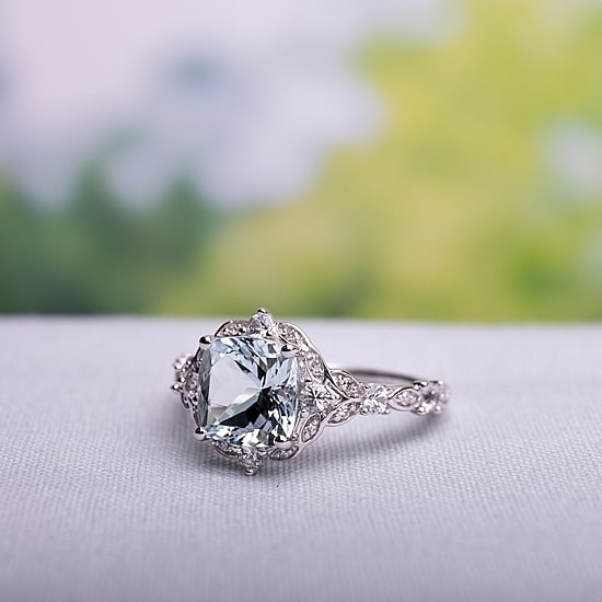 Modern Bride Gemstone Womens Diamond Accent Genuine Blue Aquamarine 14K Gold Cushion Engagement Ring