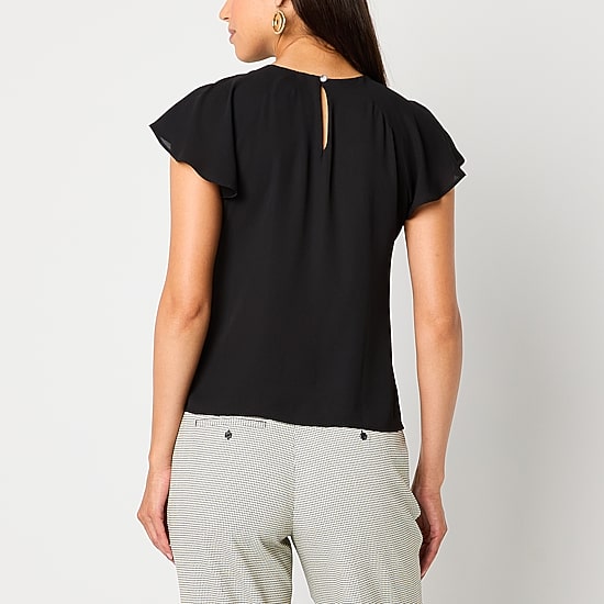 Worthington Womens Petite Round Neck Short Sleeve Blouse