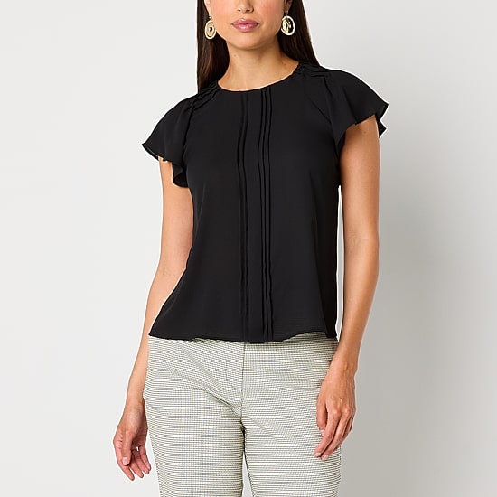 Worthington Womens Petite Round Neck Short Sleeve Blouse