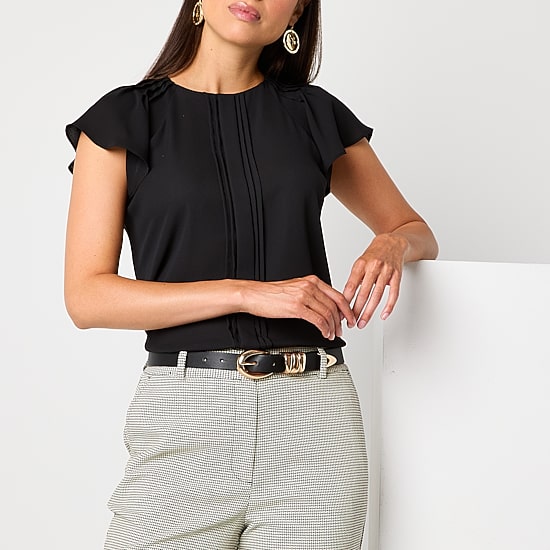 Worthington Womens Petite Round Neck Short Sleeve Blouse