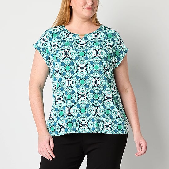 Liz Claiborne Womens Plus Keyhole Neck Short Sleeve Blouse