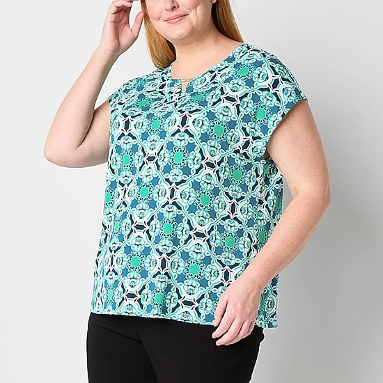 Liz Claiborne Womens Plus Keyhole Neck Short Sleeve Blouse